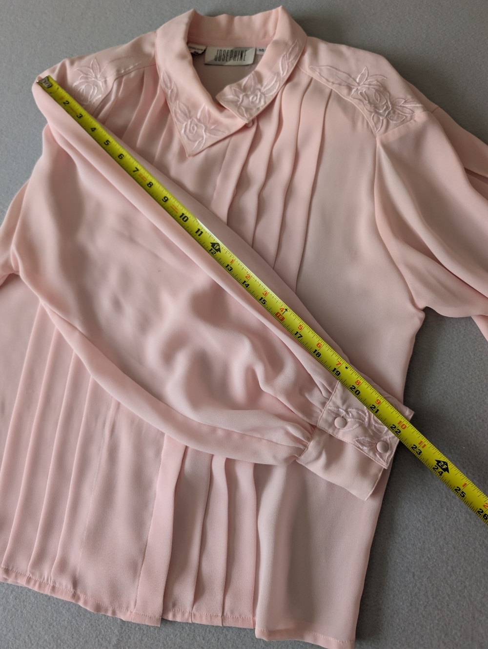 Vintage 80s Blush Pink Chiffon Pleated Floral Embroidery Collar Blouse Sz 14 XL image 10